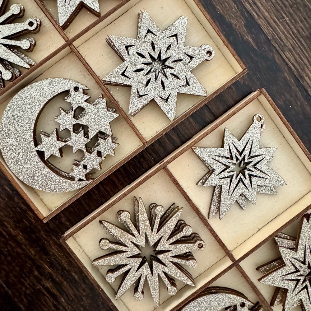 Gold Glitter Wood Holiday Ornaments Set